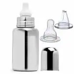 PGD Plain Silver Stainless Steel Baby Feeding Bottle with Silicon Sipper and Nipple - 150 ml