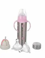 CHILDCHIC 3 in 1 Baby Feeding Bottle Thermo-Steel Multifunctional-Sipper; Nipple & Straw 240 ML;Baby Feeding Bottle and 2 Natural Feeding Nipples for Baby Milk Feeding Bottle-Choose Color (Pink)