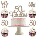 Festiko 50 And Fabulous Cake Topper And 24Pcs 50th Birthday Cupcake Toppers Rose Gold Glitter, 50th Birthday Decorations For Women
