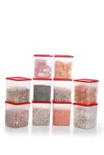 YouBee Modular Plastic Kitchen Storage Air-Tight Container Set Ideal for Floor | Cereal | Dal | Rice | Pulses | Multi-Purpose Stackable BPA Free Kitchen Storage Container 2000 Ml Set of 10 (Red Lid)