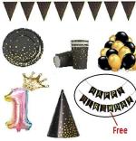 Festiko 1st Birthday Decoration Combo (Disposable Polka Dot Plates Paper Plates, Hats, Glass, Happy Birthday Banner, Crown, Rainbow)