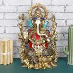 ARTVARKO Home Decor Brass Ganesha Idol Sitting on Colored Stone - 12 inch L