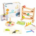 Curious Cub Montessori Learning Wooden Toys Box (Box 6: 1Y+) Wooden Ball Tracker, Pop up Pegs, Flexible Wooden Stacker, Books, Flashcards