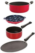 Nirlon 4 pcs of Red and Black 3 Layer Non-stick Coated Chemical Free Kitchen Utensils Combo Set, Standard