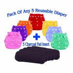 THE LITTLE LOOKERS Assorted Adjustable Cotton Diaper 5 pcs & Bamboo Charcoal Insert 5 pcs (0-2 Y)
