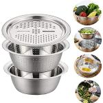 UTTARZONE Stainless Steel Drain Basket Vegetable Cutter 3 in 1 Kitchen Multipurpose Julienne Grater Salad Bowl for Home (Silver)