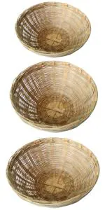Village Kraft Multipurpose Natural Hand Crafted Weaved Bamboo Round Storage Roti, Fruit, Flower And Vegetable Basket Tokri Punnet Nub Pannier Mammock Tokri (Pack Of 3) (Beige Brown)