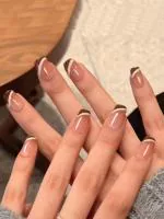 Secret Lives Premium Glossy Reusable Artificial Translucent Nude Color With Off White Strips & Brown Tips Fake False Press On Nails Extensions 24 Pieces Set With Kit