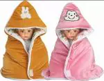 My New Born Cartoon Crib Hooded Baby Blanket for AC Room (Polyester, Pink, Beige)