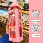 GipiBox Kawaii Cute Plastic Water Bottle With Straw And Strap Large Water Bottles With Cute Stickers Aesthetic Leakproof Square Drinking Bottle (pack of -1)