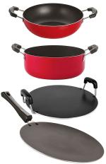 Nirlon 4 pcs of Red, Black 3 Layer Non-stick Aluminium Coated Odour Free Kitchen Cookware Combo Set with Bakelite Handle Standard