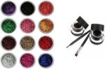 Lenon Beauty Colourful Sparkles Eyeshadow Glitter Powder (12 pcs) and Music Flower Waterproof Gel Eyeliner (Black Brown) (2 Items in the set)