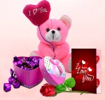 Midiron Valentine's Day Romantic Gift Hamper|Teddy Day, Rose Day Gift for Couple|Gift for Wife/Girlfriend/Lover with Handmade Chocolates, Artificial Red Rose, Love Greeting Card & Soft Pink Teddy