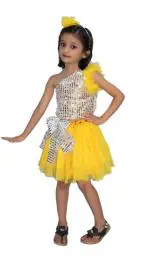 KAKU FANCY DRESSES Western Dance Dress Skirt Top Costume Set -Yellow-Silver, 5-6 Years, For Girls