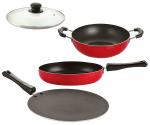Nirlon 4 pcs of Red 3 Layer Non-stick Aluminium Coated Dishwasher Safe Kitchenware Cooking Utensils Set