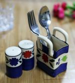 LA TABLEWARE Set of Ceramic Salt & Pepper Dispensal with Cutlery Holder Hand Painted in Blue (Consists of 3 pcs)