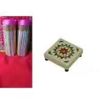 JSC STAR Multi Flavour Fragrance Agarbatti/ Incense Sticks/ for Pooja/ Mandir multi AND JSC STAR Bajoth Indian Religious Chowki Minakari Wooden Pooja Chowki
