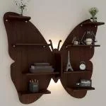 Euro Crystal Butterfly Shape Backlit Wood Wall Shelf / Book Shelf / Night Light, Walnut Finish