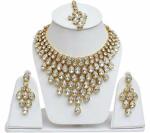Gyaan Jewels Handmade Shop Global Alloy Necklace, Pendant, Earring and Maang Tikka Set White, Gold (Women, Girls) Free Size