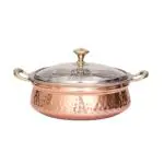 ROYALSTUFFS 400 ML Steel Copper Hammered Design Handi/Bowl/Casserole with Toughened Glass Lid