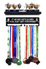 ITIZEN Trophy Shelf and It Never gets Easier You just get Stronger 18 Medal Hanger, Medal Holder Display Hanger Rack Medals Black Medal Holder Wall Mount Medal Frame by Fitizen