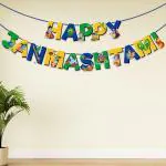 Zyozique Multicolor HAPPY JANMASHTAMI Banner With Ribbon, Janmashtami Decorations Banner, Janmashtami Decorations Items