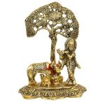 eCraftIndia Gold Embossed Aluminium Lord Krishna Playing Flute Under Tree Showpiece 12.5 x 16.5 cm