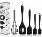 Kiwilon 5 Pieces Seamless Non-Stick Silicone Baking Cooking Tool Set Kitchen Utensils Heat Resistance ( Large Spatula, Small Spatula, Oil Brush, Whisk, Turner ) (Black)