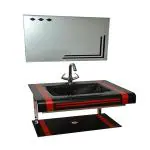 Oath vision Glass Wash Basin Set With Mirror & Steel Stand (Black & Red/ OA75)