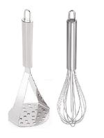 Stainless Steel Potato Masher With Stainless Steel Whisk ,Steel Egg Beater and Multicolour, Pack of 2