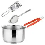 IDEAL PRIME Heavy Gauge Stainless Steel Saucepan 1 lite Induction Bottom With Cheese grater Tea Strainer Cookware Set | Steel Milk /Tea Pan Tapeli Kishni Chai Channi Kitchen Tool Pack 3