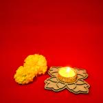 Puzzleboxx Tealight Holder Set of 2 Wooden Tea Light Candle Holder Stand for Diwali Festival Decoration Items for Indoor Decor with 2 Golden Ring , Red Beige, MDF-TEALIGHT-16