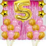 FANEX 5th Birthday Baby Girl or Boy Decoration Combo Foil curtain Pink , Number Foil Balloon and Gold and Pink Metallic Balloons and Gold Star