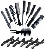 D-Top Set of 10 Pcs Multipurpose Salon Hair Styling Hairdressing Barber Combs Professional Comb Kit + omen with Hair Styling Section Clips (6 Pieces )-(Black) ()