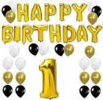 FANEX Solid 1st Happy Birthday Combo 1 Set of Happy Birthday Letter Foil, 1 Set of Number Foil balloons, Black,Gold,White Metallic Balloons