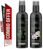 Desi Crew 100 Percent Pure Neem and Garlic Oil with Comb Applicator Cold Pressed for Skin, Body and Hair Care 100 ml Each