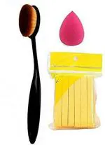 Lenon Beauty Makeup Oval Powder Brush, Sponge and Face Cleaning Puff Sponge Stick For Makeup Remover 12 Pcs Yellow (3 Items in the set)