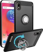 Unistuff Back Case Cover for Infinix Smart 2 with Magnetic Kickstand | Premium Matte Finish | Camera Bump Protection | Rubberized Ring Cover - Night Black, 76258