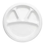 Vert-On White Sugarcane Bagasse 11 Inch 4 Compartment Compostable Round Natural Plates (Pack Of 100)