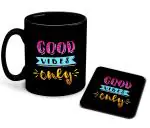 Whats Your Kick Good Vibes Only Printed Black Ceramic Coffee Mug Tea Mug with Coaster 325ml