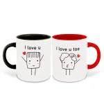 Whats Your Kick Couple Theme I Love You and I love You Too Design Set of 2 Printed Red and Black Ceramic Coffee Mug 325 ML