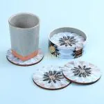 DULI Enamel Coated Grey Round Engineered Wood Honey Flowers Tea Coasters with Stand - 10 x 10 cm (set of 6)