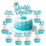 Festiko 10th Birthday Cake Decorations Teal Blue, Double DigIts Cake Cupcake Topper For Girls Tenth Birthday Party Decorations And Supplies, Cheer To 10 Years Birthday Total 25 Pcs