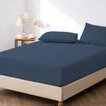 Pizuna Dark Blue Cotton, Sateen Weave Queen Size Fitted Bedsheets Queen Size, 63X76 Inch With 2 Pillow Cover