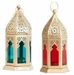 PALMY Antique Collection Decorative Hanging Lantern/Lamp with t-Light Candle, Set of 2 (Size 10X10X17 cm) (Gold-Multi Glass)
