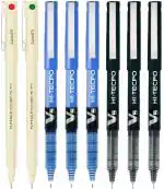 Pilot Hi-Tecpoint 05 and V5 Extra Fine Point Liquid Ink Pen | Tip Size - 0.5 MM | Unique Dimple Tip Technology | Ink Colour - 1 05 Red, 1 05 Green, 3 V5 Blue and 3 V5 Black | Pack of 8