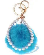 IACCESSORIES Fluffy Soft Faux Fur Pearl Pom Pom Keychain - Peacock Blue Key Ring Charm for Chic Bags, Cars, Scooters, Bikes, and Home Keys