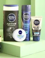 Nivea Combo All-in 1 Face Wash 100ml, Soft Cream 100ml Fresh Active Deo 150ml Active Clean 250ml Shower gel-4PCS