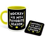 Whats Your Kick Hockey is My Favorite Season Quotes Printed Yellow Ceramic Coffee Mug With Coaster 325 ML