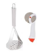 URBAN BUY Stainless Steel Potato Masher With Stainless Steel Apex Pizza Cutter and Multicolour, Pack of 2